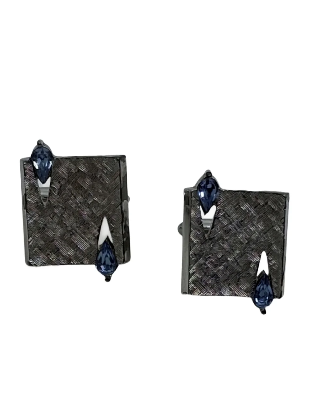 Vintage Swank Chrome Silver Tone Cufflinks Blue Sapphire Rhinestone Modernist